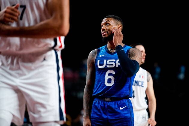 210725 Damian Lillard of USA looks dejecte in the basketball game between France and USA during day 2 of the Tokyo 2020 Olympic Games, Olympische Spiele, Olympia, OS on July 25, 2021 in Tokyo. Photo: Jon Olav Nesvold BILDBYRAN COP 217 JE0005 basket basketball olympic games olympics os ol olympiska spel olympiske leker tokyo2020 tokyo 2020 tokyo-os tokyo-ol bbeng frankrike frankriket france usa united states depp Copyright: JONxOLAVxNESVOLD BB210725JE054