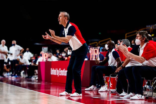 210725 Vincent Collet, head coach of France, in the basketball game between France and USA during day 2 of the Tokyo 2020 Olympic Games, Olympische Spiele, Olympia, OS on July 25, 2021 in Tokyo. Photo: Jon Olav Nesvold BILDBYRAN COP 217 JE0005 basket basketball olympic games olympics os ol olympiska spel olympiske leker tokyo2020 tokyo 2020 tokyo-os tokyo-ol bbeng frankrike frankriket france usa united states Copyright: JONxOLAVxNESVOLD BB210725JE069