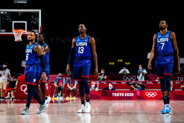 Sport Bilder des Tages 210725 Damian Lillard, Edrice Femi Adebayo and Kevin Wayne Durant of USA look dejected in the basketball game between France and USA during day 2 of the Tokyo 2020 Olympic Games, Olympische Spiele, Olympia, OS on July 25, 2021 in Tokyo. Photo: Jon Olav Nesvold BILDBYRAN COP 217 JE0005 basket basketball olympic games olympics os ol olympiska spel olympiske leker tokyo2020 tokyo 2020 tokyo-os tokyo-ol bbeng frankrike frankriket france usa united states depp Copyright: JONxOLAVxNESVOLD BB210725JE099