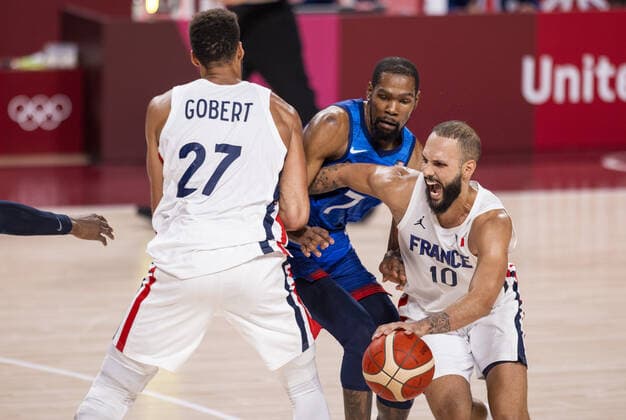 Tokyo Tokio, 25.07.2021, Japan, Olympic Games, Olympische Spiele, Olympia, OS FOURNIER Evan, GOBERT Rudy (FRA), DURANT Kevin Wayne (USA) Basketball USA - France Olympische Spiele, 2020 2021 Foto: Moritz Müller Only for Editorial use