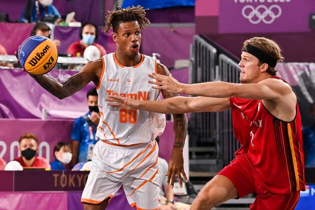 Netherlands Jessey Voorn and Belgian Thibaut Vervoort fight for the ball during a Basket 3x3 game of the group stage (pool) between Belgium and The Netherlands on the fourth day of the Tokyo 2020 Olympic Games, Olympische Spiele, Olympia, OS in Tokyo, Japan on Monday 26 July 2021. The postponed 2020 Summer Olympics are taking place from 23 July to 8 August 2021. DIRKxWAEM  x3046939x