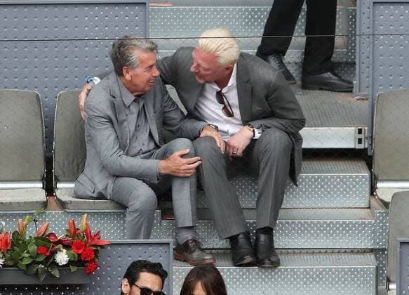 Mandatory Credit: Photo by Dave Shopland BPI Shutterstock (9669517aj) Tennis Legends Boris Becker and Manolo Santana share a joke as they watch Dominic Thiem from Austria beat Kevin Anderson from South Africa in Semi Final Mutua Madrid Open Tennis , Madrid , Spain - 12 May 2018 Mutua Madrid Open Tennis , Madrid , Spain - 12 May 2018  Copyright: xDavexShopland BPI Shutterstockx 9669517aj