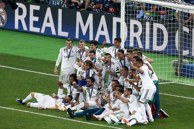 Mandatory Credit: Photo by Matt West BPI Shutterstock (9694071hz) Real Madrid players celebrate at the end of the match Real Madrid v Liverpool, UEFA Champions League Final, Olimpiyskiy National Sports Complex Stadium, Kiev, UA, 26 May 2018 Real Madrid v Liverpool, UEFA Champions League Final, Olimpiyskiy National Sports Complex Stadium, Kiev, UA, 26 May 2018 Copyright: xMattxWest BPI Shutterstockx 9694071hz