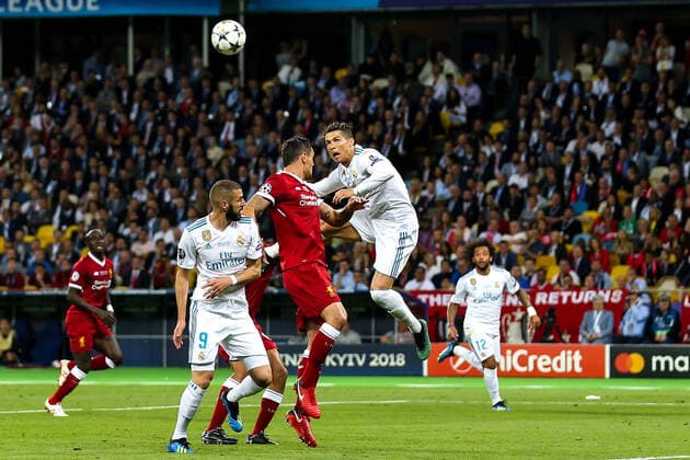Mandatory Credit: Photo by Robbie Stephenson Jmp Shutterstock (9694113bw) Cristiano Ronaldo of Real Madrid heads the ball at goal Real Madrid v Liverpool, Ukraine - 26 May 2018 EDITORIAL USE ONLY Real Madrid v Liverpool, Ukraine - 26 May 2018 EDITORIAL USE ONLY  Copyright: xRobbiexStephenson Jmp Shutterstockx 9694113bw