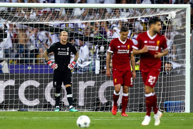 Mandatory Credit: Photo by Robbie Stephenson Jmp Shutterstock (9694113cp) Loris Karius of Liverpool cuts a dejected figure after his error helps Gareth Bale of Real Madrid score his second goal Real Madrid v Liverpool, Ukraine - 26 May 2018 EDITORIAL USE ONLY Real Madrid v Liverpool, Ukraine - 26 May 2018 EDITORIAL USE ONLY  Copyright: xRobbiexStephenson Jmp Shutterstockx 9694113cp