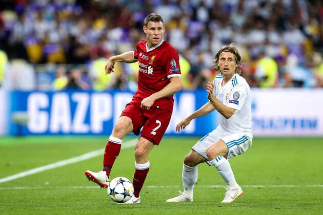 Mandatory Credit: Photo by Robbie Stephenson Jmp Shutterstock (9694113gk) James Milner of Liverpool takes on Luka Modric of Real Madrid Real Madrid v Liverpool, Ukraine - 26 May 2018 EDITORIAL USE ONLY Real Madrid v Liverpool, Ukraine - 26 May 2018 EDITORIAL USE ONLY  Copyright: xRobbiexStephenson Jmp Shutterstockx 9694113gk