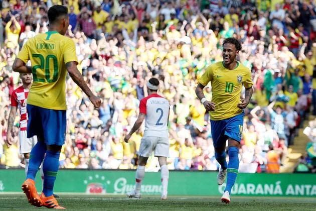 Mandatory Credit: Photo by Paul Greenwood BPI Shutterstock (9699676aw) Neymar Junior of Brazil celebrates scoring his sides first goal Brazil v Croatia, International Friendly, Länderspiel, Nationalmannschaft Anfield, Liverpool, UK, 3 June 2018 Brazil v Croatia, International Friendly, Anfield, Liverpool, UK, 3 June 2018  Copyright: xPaulxGreenwood BPI Shutterstockx 9699676aw