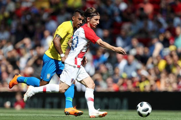 Mandatory Credit: Photo by Paul Greenwood BPI Shutterstock (9699676l) Luka Modric of Croatia and Paulinho of Brazil Brazil v Croatia, International Friendly, Länderspiel, Nationalmannschaft Anfield, Liverpool, UK, 3 June 2018 Brazil v Croatia, International Friendly, Anfield, Liverpool, UK, 3 June 2018  Copyright: xPaulxGreenwood BPI Shutterstockx 9699676l