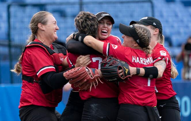 July 27, 2021, Yokohama, Japan: CanadaÃ¢â‚¬â ¢s WomenÃ¢â‚¬â ¢s softball team celebrates their win over Mexico in the bronze medal game at the Tokyo Olympics, Tuesday, July 27, 2021 in Yokohama, Japan. Canada News - July 27, 2021  - ZUMAc35_ 20210727_zaf_c35_023 Copyright: xThexCanadianxPressx