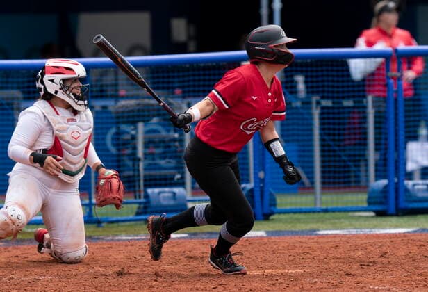July 27, 2021, Yokohama, Japan: Canadaâ€⠢s softball player Kelsey Harshman, from Delta, B.C. hits a sacrifice fly to score the game-winning run during the bronze medal game against Mexico at the Tokyo Olympics, Tuesday, July 27, 2021 in Yokohama, Japan. Canada News - July 27, 2021 - ZUMAc35_ 20210727_zaf_c35_029 Copyright: xThexCanadianxPressx