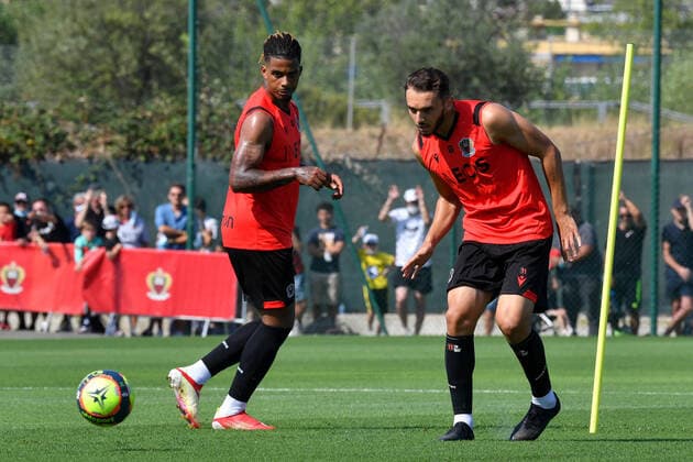 Amine Gouiri, Jean-Clair Todibo - Entrainement de l OGC Nice au Centre d Entrainement et de Formation de l OGC Nice. FOOTBALL : Entrainement de l OGC Nice - 28 07 2021 LionelUrman Panoramic 
