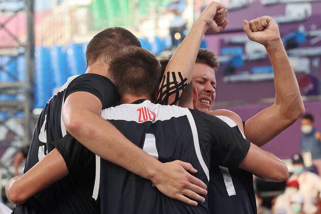 TOKYO, JAPAN - JULY 28, 2021: ROC Team s players celebrate victory in the men s 3x3 basketball semifinal match against Serbia at the 2020 Summer Olympic Games, Olympische Spiele, Olympia, OS at Aomi Urban Sports Park. Stanislav Krasilnikov TASS  TS109F45