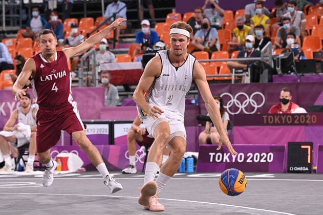 Latvia s Agnis Cavars and Belgian Thibaut Vervoort fight for the ball during the semifinal game of Basket 3x3 between Belgium and Latvia on the sixth day of the Tokyo 2020 Olympic Games, Olympische Spiele, Olympia, OS in Tokyo, Japan on Wednesday 28 July 2021. The postponed 2020 Summer Olympics are taking place from 23 July to 8 August 2021. DIRKxWAEM  x3048550x