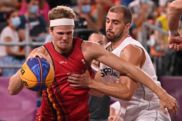 Belgian Thibaut Vervoort and Serbian Dusan Domovic Bulut fight for the ball during the game for the bronze medal, also called, the small final of Basket 3x3 between Belgium and Serbia on the sixth day of the Tokyo 2020 Olympic Games, Olympische Spiele, Olympia, OS in Tokyo, Japan on Wednesday 28 July 2021. The postponed 2020 Summer Olympics are taking place from 23 July to 8 August 2021. DIRKxWAEM  x3048797x