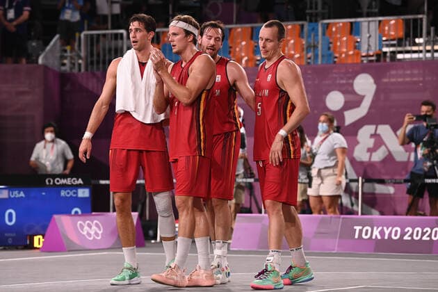 Belgian Rafael Bogaerts, Belgian Thibaut Vervoort, Belgian Rafael Bogaerts and Belgian Nick Celis look dejected after losing the game for the bronze medal, also called, the small final of Basket 3x3 between Belgium and Serbia on the sixth day of the Tokyo 2020 Olympic Games, Olympische Spiele, Olympia, OS in Tokyo, Japan on Wednesday 28 July 2021. The postponed 2020 Summer Olympics are taking place from 23 July to 8 August 2021. DIRKxWAEM  x3048820x