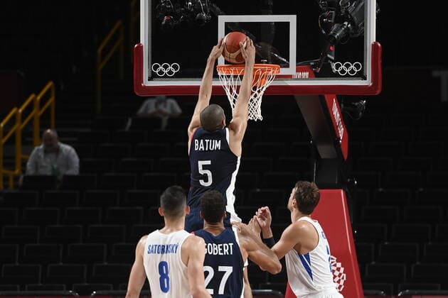 Nicolas Batum of France scores during the basketball Group A match Czech Republic vs. France in Tokyo 2020 Summer Olympics, Japan, July 28, 2021. (CTKxPhoto OndrejxDeml) CTKPhotoP2021072811140 
