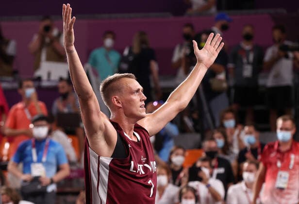 TOKYO, JAPAN - JULY 28, 2021: Latvia s Nauris Miezis reacts after winning their men s 3x3 basketball gold medal match against the ROC Team during the Tokyo 2020 Summer Olympic Games, Olympische Spiele, Olympia, OS at the Aomi Urban Sports Park. Stanislav Krasilnikov TASS  TS10A0FB