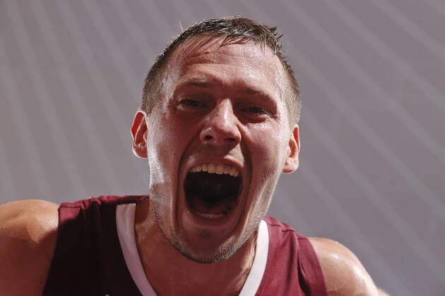 TOKYO, JAPAN - JULY 28, 2021: Latvia s Agnis Cavars celebrates after winning their men s 3x3 basketball gold medal match against the ROC Team during the Tokyo 2020 Summer Olympic Games, Olympische Spiele, Olympia, OS at the Aomi Urban Sports Park. Stanislav Krasilnikov TASS  TS10A111