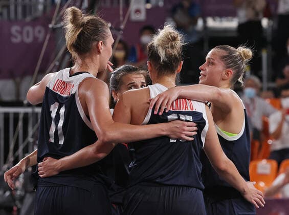 TOKYO, JAPAN - JULY 28, 2021: ROC s players huddle after losing their women s 3x3 basketball final match against the USA during the Tokyo 2020 Summer Olympic Games, Olympische Spiele, Olympia, OS at the Aomi Urban Sports Park. Stanislav Krasilnikov TASS  TS10A178