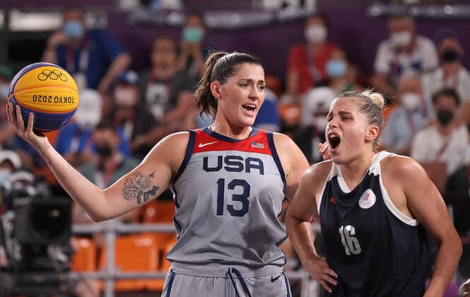 TOKYO, JAPAN - JULY 28, 2021: The USA s Stefanie Dolson (L) and ROC s Yevgenia Frolkina in action in their women s 3x3 basketball gold medal match during the Tokyo 2020 Summer Olympic Games, Olympische Spiele, Olympia, OS at the Aomi Urban Sports Park. Stanislav Krasilnikov TASS  TS10A199