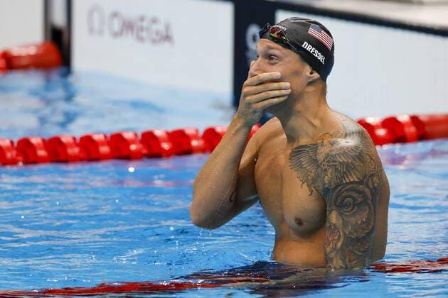 Bilder des Jahres 2021, Sport 07. Juli Sport Themen der Woche KW30 Sport Bilder des Tages Caeleb Dressel of USA reacts to winning gold in the mens 100m freestyle with a time of 47:02 at the Tokyo Aquatics Center, during the Tokyo Summer Olympic Games, Olympische Spiele, Olympia, OS in Tokyo, Japan, on Thursday July 29, 2021.  OLY20210729404 TASOSxKATOPODIS