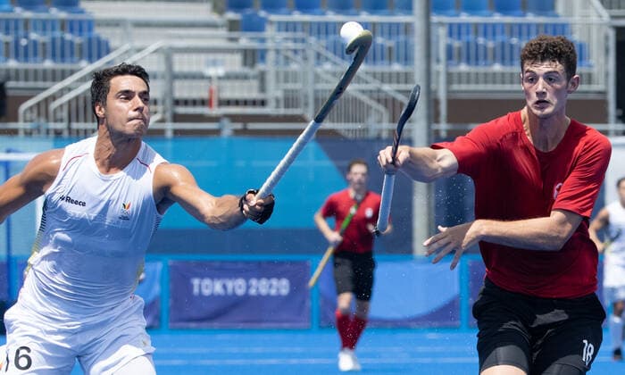 Belgium s Alexander Hendrickx fights for the ball during a hockey match between Belgium s Red Lions and Canada, in pool B of the men s Field hockey, Feldhockey tournament, on the seventh day of the Tokyo 2020 Olympic Games, Olympische Spiele, Olympia, OS in Tokyo, Japan on Thursday 29 July 2021. The postponed 2020 Summer Olympics are taking place from 23 July to 8 August 2021. BENOITxDOPPAGNE  x3049276x