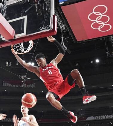 Tokyo Olympics: Basketball Rui Hachimura dunks the ball during the fourth quarter of Japan s basketball preliminary-round game against Slovenia at the Tokyo Olympics on July 29, 2021, at Saitama Super Arena near Tokyo.  A14AA0000755034P
