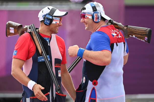 Czech sports shooters David Kostelecky, left, and Jiri Liptak, right, are seen during shooting trap men s final within the Tokyo 2020 Summer Olympics, on July 29, 2021, in Tokyo, Japan. Liptak won gold and Kostelecky won silver medal. (CTKxPhoto OndrejxDeml) CTKPhotoP2021072907054  dml