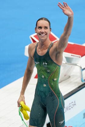 PARIS 2024, OLYMPIC LEGENDS: Emma McKeon OLY21 SWIM FINALS, Emma McKeon of Australia gestures after winning gold in the Women?s 100m Freestyle Final at the Tokyo Aquatics Centre during the Tokyo Olympic Games, Olympische Spiele, Olympia, OS in Tokyo, Japan, Friday, July 30, 2021. ( NO ARCHIVING, EDITORIAL USE ONLY, NO USE IN BOOKS WITHOUT CONSENT TOKYO JAPAN  Copyright: xJOExGIDDENSx 20210730001561938980