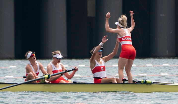 July 30, 2021, Tokyo, Japan: CanadaÃ¢â‚¬â ¢s Madison Mailey, Sydney Payne, Avalon Wasteneys and Kristen Kit celebrate after crossing the finish line to win the gold medal in womenÃ¢â‚¬â ¢s eight rowing competition at the Tokyo Olympics, Friday, July 30, 2021 in Tokyo, Japan. Madison Mailey Sydney Payne Avalon Wasteneys Kristen Kit..  - ZUMAc35_ 20210730_zaf_c35_001 Copyright: xAdrianxWyldx