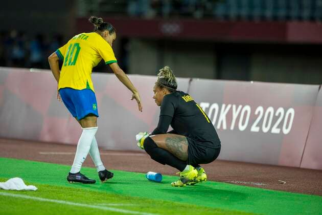 Tokyo 2020 Olympiad Tokyo TÓQUIO, TO - 30.07.2021: TOKYO 2020 OLYMPIAD TOKYO - Barbara and Marta do Brasil after losing penalties in the soccer game between Canada and Brazil at the Tokyo 2020 Olympic Games, Olympische Spiele, Olympia, OS held in 2021, the game held at the Miyagi Stadium in Japan (Photo: Richard Callis Fotoarena) x2100087x  RichardxCallis