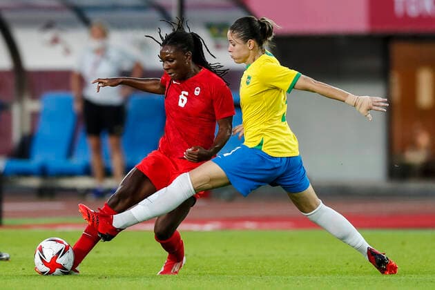 Canada v Brazil: Women s Football QuarterFinal - Olympics: Day 7 (3) ERIKA of Team Brazil battles for possession with (6) Deanne ROSE of Team Canada during the Women s Quarter Final match between Canada and Brazil on day seven of the Tokyo 2020 Olympic Games, Olympische Spiele, Olympia, OS at Miyagi Stadium Tokyo Japan aref-notitle210730_np29E  Copyright: xAymanxArefx