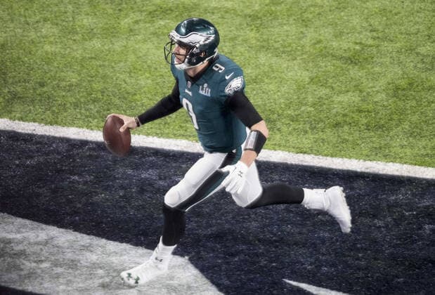 Mandatory Credit: Photo by Dave Shopland BPI Shutterstock (9351501bd) Nick Foles, Philadelphia Eagles Quarterback, (9) scores a touchdown in the second quarter. Super Bowl LII Super Bowl LII  Copyright: xDavexShopland BPI Shutterstockx 9351501bd
