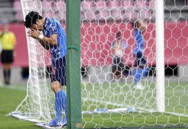 Tokyo Olympics: Football Wataru Endo of Japan reacts after missing a chance to score against New Zealand during the first half of their men s football quarterfinal of the Tokyo Olympics on July 31, 2021, at Kashima Stadium in Ibaraki Prefecture, eastern Japan.  A14AA0000755555P