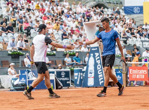 31.07.2021, Sportpark, Kitzbühel, AUT, ATP, Tennis Herren Tour, Generali Open Kitzbühel, Finale, Doppel Herren, im Bild v.l. Lucas Miedler (AUT), Alexander Erler (AUT) f.l. Lucas Miedler and Alexander Erler of Austria during the final match in mens doubles for the Generali Open Tennis Tournament of the ATP Tour at the Sportpark in Kitzbühel, Austria on 2021 07 31.