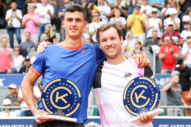 TENNIS - ATP, Tennis Herren Generali Open 2021 KITZBUEHEL,AUSTRIA,31.JUL.21 - TENNIS - ATP World Tour, Generali Open. Image shows Alexander Erler and Lucas Miedler (AUT). Keywords: trophy.  GEPAxpictures xPatrickxSteiner