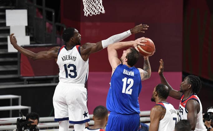 United States Bam Adebayo (13) can t stop Czechoslovakia s Ondrej Balvin from stuffing the basket during a Men s Basketball game at the Tokyo 2020 Olympics, Saturday, July 31, 2021, in Tokyo, Japan. USA won, 119-84.  OLY20210731830 MIKExTHEILER