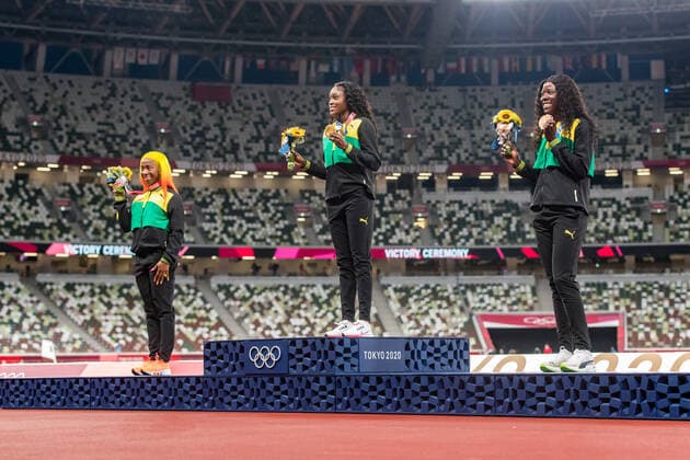 Olympic Games, Olympische Spiele, Olympia, OS 01.08.2021 The podium of the womenÕs 100 m, left to right: Shelly-Ann Fraser-Pryce (JAM), silver, Elaine Thompson-Herah (JAM), gold, Shericka Jackson (JAM), bronze, at the Olympic Games in Tokyo, on Sunday, August 01, 2021 Copyright: xBEAUTIFULxSPORTS OlafxRellischx