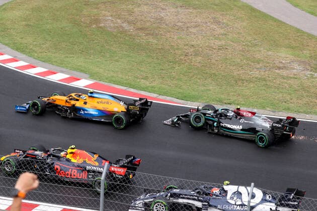 Start, 11 Sergio Perez (MEX, Red Bull Racing), 4 Lando Norris (GBR, McLaren F1 Team), 77 Valtteri Bottas (FIN, Mercedes-AMG Petronas F1 Team), F1 Grand Prix of Hungary at Hungaroring on August 1, 2021 in Budapest, Hungary. (Photo by HOCH ZWEI) Budapest Hungary