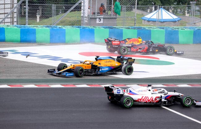 Start, 9 Nikita Mazepin (RUS, Haas F1 Team), 3 Daniel Ricciardo (AUS, McLaren F1 Team), 11 Sergio Perez (MEX, Red Bull Racing), F1 Grand Prix of Hungary at Hungaroring on August 1, 2021 in Budapest, Hungary. (Photo by HOCH ZWEI) Budapest Hungary