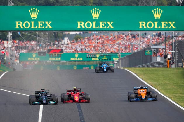 44 Lewis Hamilton (GBR, Mercedes-AMG Petronas F1 Team), 55 Carlos Sainz (ESP, Scuderia Ferrari Mission Winnow), 3 Daniel Ricciardo (AUS, McLaren F1 Team), F1 Grand Prix of Hungary at Hungaroring on August 1, 2021 in Budapest, Hungary. (Photo by HOCH ZWEI) Budapest Hungary
