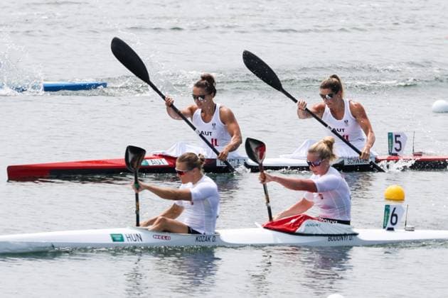 OLYMPICS - Summer Olympic Games, Olympische Spiele, Olympia, OS 2020 TOKYO,JAPAN,02.AUG.21 - OLYMPICS, CANOE - Summer Olympic Games 2020, Canoe Sprint, K2, 500m, ladies. Image shows Danuta Kozak and Dora Bodonyi (HUN) and Ana-Roxana Lehaci and Viktoria Schwarz (AUT).  GEPAxpictures xChristianxWalgram