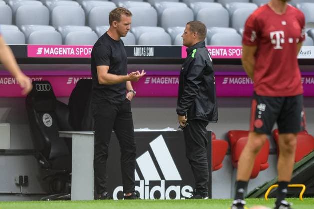 Fußball, Freundschaftsspiel, FC Bayern München - Borussia Mönchengladbach. Im Bild Trainer des FC Bayern München Julian NAGELSMANN ud Sportdirektor der Borussia Mönchengladbach Max EBERL. München Allianz Arena Bayern Deutschland Copyright: Passion2Press MarkusxFischerx