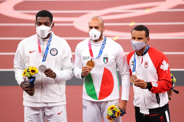 JACOBS Lamont Marcell Gold medal (ITA), KERLEY Fred Silver medal (USA), de GRASSE Andre Bronze medal (CAN), AUGUST 2, 2021 - Athletics : Men s 100m medal ceremony during the Tokyo 2020 Olympic Games, Olympische Spiele, Olympia, OS at the National Stadium in Tokyo, Japan. Noxthirdxpartyxsales  (166202284)