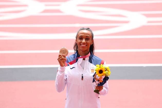 PELETEIRO Ana (ESP), BRONZE Medal AUGUST 2, 2021 - Athletics : Women s Triple Jump Victory Celebration during the Tokyo 2020 Olympic Games, Olympische Spiele, Olympia, OS at the Olympic Stadium in Tokyo, Japan. Noxthirdxpartyxsales  (166204276)