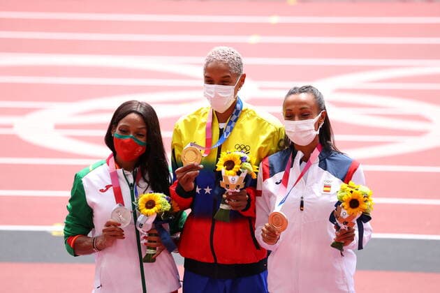 MAMONA Patricia (POR), ROJAS Yulimar (VEN), and PELETEIRO Ana (ESP), AUGUST 2, 2021 - Athletics : Women s Triple Jump Victory Celebration during the Tokyo 2020 Olympic Games, Olympische Spiele, Olympia, OS at the Olympic Stadium in Tokyo, Japan. Noxthirdxpartyxsales  (166204277)