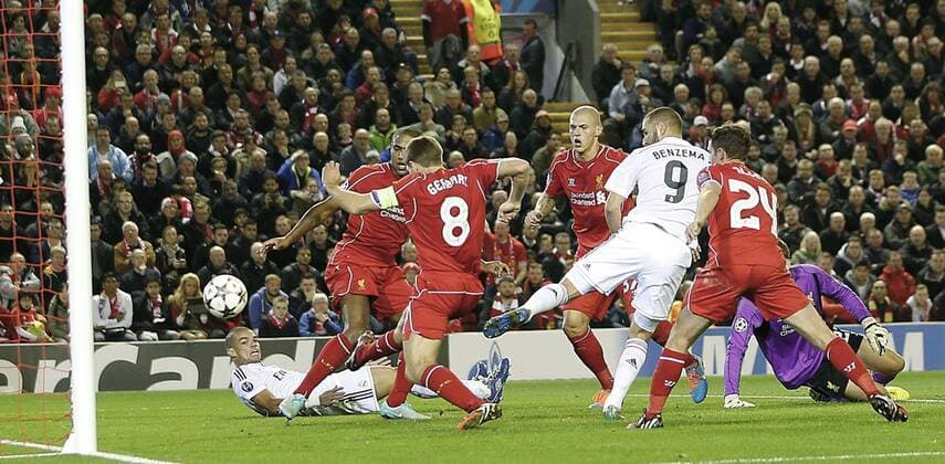 Mandatory Credit: Photo by Magi Haroun Shutterstock (4217455h) Real s Karim Benzema Flicks in the Ball for the 3rd Goal Shirt no 9 Liverpool v Real Madrid, UEFA Champions League Group B, Anfield, Britain - 22 Oct 2014 EDITORIAL USE ONLY Liverpool v Real Madrid, UEFA Champions League Group B, Anfield, Britain - 22 Oct 2014 EDITORIAL USE ONLY  Copyright: xMagixHaroun Shutterstockx 4217455h