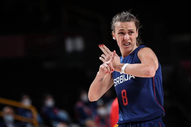 (210804) -- SAITAMA, Aug. 4, 2021 -- Nevena Jovanovic of Serbia gestures during the women s basketball quarterfinal match between China and Serbia at the Tokyo 2020 Olympic Games, Olympische Spiele, Olympia, OS in Saitama, Japan, Aug. 4, 2021. ) (TOKYO2020)JAPAN-SAITAMA-OLY-BASKETBALL-WOMEN S QUARTERFINAL-CHN VS SRB PanxYulong 