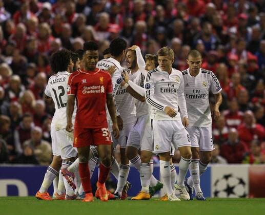 Mandatory Credit: Photo by Ian Hodgson ANL Shutterstock (5340373a) Liverpool s Raheem Sterling Dejection As Real Madrid Celebrate 0-2. Liverpool V Real Madrid Champions League. October 22nd 2014 - Picture By Ian Hodgson daily Mail Liverpool s Raheem Sterling Dejection As Real Madrid Celebrate 0-2. Liverpool V Real Madrid Champions League. October 22nd 2014 - Picture By Ian Hodgson daily Mail EDITORIAL USE ONLY No use with unauthorised audio, video, data, fixture lists (outside the EU), club league logos or live services. Online in-match use limited to 45 images (+15 in extra time). No use to emulate moving images. No use in betting, games or single club league player publications services. Liverpool s Raheem Sterling Dejection As Real Madrid Celebrate 0-2. Liverpool V Real Madrid Champions League. October 22nd 2014 - Picture By Ian Hodgson daily Mail EDITORIAL USE ONLY No use with unauthorised audio, video, data, fixture lists (outside the EU), club league logos or live services. Online in-match use limited to 45 images (+15 in extra time). No use to emulate moving images. No use in betting, games or Copyright: xIanxHodgson ANL Shutterstockx 5340373a