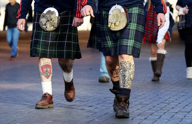 Mandatory Credit: Photo by James Marsh BPI Shutterstock (7430909a) Scotland fans wear kilts with Aberdeen FC tattoos visible on their legs before the FIFA 2018 World Cup Qualifying Group F match between England and Scotland played at Wembley Stadium, London on 11th November 2016 Football - 2018 FIFA World Cup, WM, Weltmeisterschaft, Fussball Qualifying Group F England v Scotland Wembley Stadium, Wembley, London, United Kingdom - 11 Nov 2016 EDITORIAL USE ONLY No use with unauthorised audio, video, data, fixture lists, club league logos or live services. Online in-match use limited to 75 images, no video emulation. No use in betting, games or single club league player publications. Football - 2018 FIFA World Cup Qualifying Group F England v Scotland Wembley Stadium, Wembley, London, United Kingdom - 11 Nov 2016 EDITORIAL USE ONLY No use with unauthorised audio, video, data, fixture lists, club league logos or live services. Online in-match use limited to 75 images, no video emulation. No use in betting, games or single club league player publications.  Copyright: xJamesxMarsh BPI Shutterstockx 7430909a